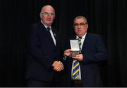 11 May 2019; Hugh Lynn, Roscommon PRO, is presented with the Best County Final Programme Award by Uachtarán Chumann Lúthchleas Gael John Horan during the GAA MacNamee Awards at Croke Park in Dublin. Photo by Piaras Ó Mídheach/Sportsfile