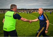 12 May 2019; Leitrim manager Terry Hyland, left, and Roscommon manager Anthony Cunningham shake hands following the Connacht GAA Football Senior Championship Quarter-Final match between Roscommon and Leitrim at Dr Hyde Park in Roscommon. Photo by Seb Daly/Sportsfile
