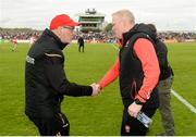 12 May 2019; Tyrone Manager Mickey Harte and Derry Manager Damian McErlain shake hands after the Ulster GAA Football Senior Championship preliminary round match between Tyrone and Derry at Healy Park, Omagh in Tyrone. Photo by Oliver McVeigh/Sportsfile