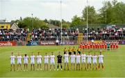 12 May 2019; Both Derry and Tyrone teams standing for a minutes silence before the Ulster GAA Football Senior Championship preliminary round match between Tyrone and Derry at Healy Park, Omagh in Tyrone. Photo by Oliver McVeigh/Sportsfile