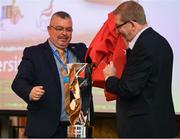 13 May 2019; Unite Regional Secretary Jackie Pollock, left, and Len McCloskey, General Secretary of Unite the Union, unveil the new trophy at the Unite the Union Champions Cup Launch in the Grand Hotel in Malahide, Dublin. Photo by Ray McManus/Sportsfile