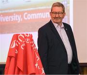 13 May 2019; Len McCloskey, General Secretary of Unite the Union, glances at the yet unveiled trophy as he makes his way to the podium to speak at the Unite the Union Champions Cup Launch in the Grand Hotel in Malahide, Dublin. Photo by Ray McManus/Sportsfile