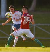 13 May 2019; Jordi Escobar Fernández of Spain shoots to score his side's first goal despite the attention of Milán Horváth of Hungary during the 2019 UEFA European Under-17 Championships Quarter-Final match between Hungary and Spain at UCD Bowl in Dublin. Photo by Ben McShane/Sportsfile