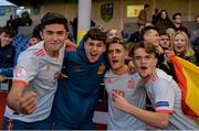 13 May 2019; Spain players, from left, Jordi Escobar Fernández, Mario Soriano Carreño, Robert Navarro Muñoz, and Alex Rico Pico following the 2019 UEFA European Under-17 Championships Quarter-Final match between Hungary and Spain at UCD Bowl in Dublin. Photo by Ben McShane/Sportsfile