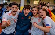 13 May 2019; Spain players, from left, Jordi Escobar Fernández, Mario Soriano Carreño, Robert Navarro Muñoz, and Alex Rico Pico celebrate following the 2019 UEFA European Under-17 Championships Quarter-Final match between Hungary and Spain at UCD Bowl in Dublin. Photo by Ben McShane/Sportsfile