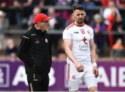 12 May 2019; Tyrone Manager Mickey Harte with Mattie Donnelly before the Ulster GAA Football Senior Championship preliminary round match betweenTyrone and Derry at Healy Park, Omagh in Tyrone. Photo by Oliver McVeigh/Sportsfile