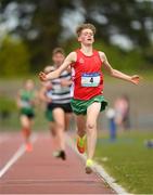 15 May 2019; Miles Hewlett, CBS Newross, Wexford, celebbrates winning the Junior Boys 1,500m during the Irish Life Health Leinster Schools Track and Field Championships Day 1 at Morton Stadium in Santry, Dublin. Photo by Eóin Noonan/Sportsfile