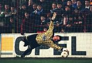 16 March 1998; Shelbourne's goalkeeper Alan Gough makes a save from St Patrick's Athletic Trevor Croly's penalty during the penalty shoot-out at the end of the game during the Harp Lager League Cup Quarter-Final 2nd Replay match between Shelbourne and St Patrick's Athletic at Tolka Park in Dublin. Photo by David Maher/Sportsfile