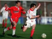 16 May 1998; John Caulfield of Cork City in action against Declan Geoghegan of Shelbourne during the Harp Lager League Cup Final Replay match between Cork City and Shelbourne at Dalymount Park in Dublin. Photo by Brendan Moran/Sportsfile