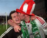 16 May 1998; Cork City goalscorer Derek Coughlan plants a kiss on the cheek of John Caulfield following the Harp Lager League Cup Final Replay match between Cork City and Shelbourne at Dalymount Park in Dublin. Photo by Brendan Moran/Sportsfile