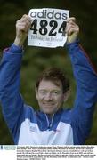 23 October 2003; Pictured is endurance runner Tony Mangan with his special adidas Dublin Marathon Race number 4824. Tony is running the adidas Dublin Marathon on Monday, but first he is aiming to break the Guinness Book of Records for the longest distance run on a treadmill over a 48 and 24 hour peroid. He will start his record bid at 4pm on Friday, at the Marathon Expo in the RDS, and will keep going until 3pm on Sunday. He has to exceed 135.5 miles to take the 24 hour record, after that he says the 48 hour record will be no problem, and the Marathon itself will be &quot;a celebration run&quot; . Picture credit; Damien Eagers / SPORTSFILE *EDI*