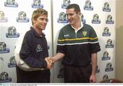 23 October 2003; The Australian captain Shane Crawford and Irish captain Graham Canty greet each other after the press conference, in advance of the Foster's International Rules game between Australia and Ireland, at the Sheraton-Perth Hotel, Perth, Western Australia. Picture credit; Ray McManus / SPORTSFILE *EDI*
