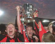 26 October 2003; Longford Town's Sean Francis, left, and Sean Prunty celebrate with the cup after victory over St. Patrick's Athletic. FAI Carlsberg Cup Final, Longford Town v St. Patrick's Athletic, Lansdowne Road, Dublin. Soccer. Picture credit; Pat Murphy / SPORTSFILE