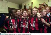 26 October 2003; Longford Town players celebrate in their dressing room after victory over St. Patrick's Athletic. FAI Carlsberg Cup Final, Longford Town v St. Patrick's Athletic, Lansdowne Road, Dublin. Soccer. Picture credit; David Maher / SPORTSFILE *EDI*