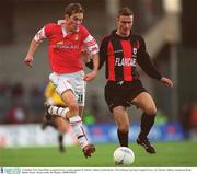 26 October 2003; Sean Dillon, Longford Town, in action against St. Patrick's Athletic's Keith Dunne. FAI Carlsberg Cup Final, Longford Town v St. Patrick's Athletic, Lansdowne Road, Dublin. Soccer. Picture credit; Pat Murphy / SPORTSFILE