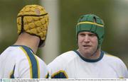 28 October 2003; Australian lock David Giffin, right, in conversation with team-mate Nathan Sharpe during squad training. 2003 Rugby World Cup, Australian squad training, Richmond Oval, Melbourne, Victoria, Australia. Picture credit; Brendan Moran / SPORTSFILE *EDI*