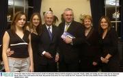 29 October 2003; Former Chief Executive of the FAI Brendan Menton with his daughtrers, from left, Niamh, Ailbhe and Aisling, his wife Linda and An Taoiseach Bertie Ahern T.D. at the launch of his book 'Beyond the Green Door Six Years Inside the FAI'. Staunton's On The Green, Dublin. Picture credit; David Maher / SPORTSFILE *EDI*