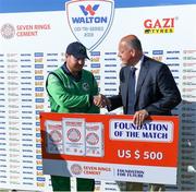 15 May 2019; Paul Stirling of Ireland is presented with the foundation of the match award by Warren Deutrom, CEO, Cricket Ireland, during the One Day International match between Ireland and Bangladesh at Clontarf Cricket Club, Clontarf in Dublin. Photo by Piaras Ó Mídheach/Sportsfile