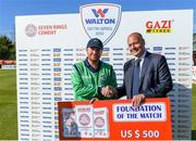 15 May 2019; Paul Stirling of Ireland is presented with the foundation of the match award by Warren Deutrom, CEO, Cricket Ireland, during the One Day International match between Ireland and Bangladesh at Clontarf Cricket Club, Clontarf in Dublin. Photo by Piaras Ó Mídheach/Sportsfile