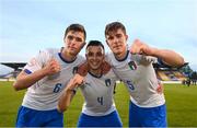 16 May 2019; Italy players, from left, Lorenzo Pirola, Simone Panada and Lorenzo Moretti celebrate following the 2019 UEFA European Under-17 Championships semi-final match between France and Italy at Tallaght Stadium in Dublin. Photo by Stephen McCarthy/Sportsfile
