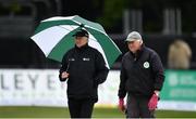 15 May 2019; Reserve Umpire Mark Hawthorne, left,  inspects the pitch with grounds staff after rain suspsends play during the One-Day International Tri-Series Final match between West Indies and Bangladesh at Malahide Cricket Ground, Malahide, Dublin. Photo by Sam Barnes/Sportsfile