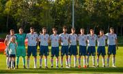 13 May 2019; Spain players stand for their National Anthem prior to the 2019 UEFA European Under-17 Championships Quarter-Final match between Hungary and Spain at UCD Bowl in Dublin. Photo by Ben McShane/Sportsfile