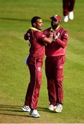 15 May 2019; Shannon Gabriel of West Indies , left, celebrates with Ashley Nurse after bowling Sabbir Rahman of Bangladesh for LBW during the One-Day International Tri-Series Final match between West Indies and Bangladesh at Malahide Cricket Ground, Malahide, Dublin. Photo by Sam Barnes/Sportsfile