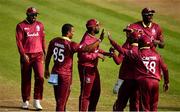 15 May 2019; Shannon Gabriel of West Indies, second from left, celebrates with team-mates after bowling Sabbir Rahman of Bangladesh for LBW during the One-Day International Tri-Series Final match between West Indies and Bangladesh at Malahide Cricket Ground, Malahide, Dublin. Photo by Sam Barnes/Sportsfile