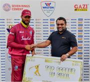 15 May 2019; Shai Hope of West Indies is presented withThe Top Scorer of the Final award by Abu Ershad, President of ShopNShipbd,    following the One-Day International Tri-Series Final match between West Indies and Bangladesh at Malahide Cricket Ground, Malahide, Dublin. Photo by Sam Barnes/Sportsfile