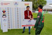 15 May 2019; Mosaddek Hossain of Bangladesh is presented with the Walton Player of the Match Award by Moinul Haque Chowdury, CEO, Total Sports Marketing, following the One-Day International Tri-Series Final match between West Indies and Bangladesh at Malahide Cricket Ground, Malahide, Dublin. Photo by Sam Barnes/Sportsfile