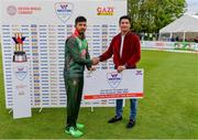 15 May 2019; Mosaddek Hossain of Bangladesh is presented with the Walton Player of the Match Award by Moinul Haque Chowdury, CEO, Total Sports Marketing, following the One-Day International Tri-Series Final match between West Indies and Bangladesh at Malahide Cricket Ground, Malahide, Dublin. Photo by Sam Barnes/Sportsfile