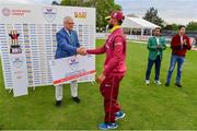 15 May 2019; Shai Hope of West Indies is presented with the Walton Player of the Series Award by Ross McCollum, Chairman, Cricket Ireland, following the One-Day International Tri-Series Final match between West Indies and Bangladesh at Malahide Cricket Ground, Malahide, Dublin. Photo by Sam Barnes/Sportsfile