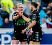 17 May 2019; Stuart Hogg, left, and Tommy Seymour of Glasgow celebrate during the Guinness PRO14 Semi-Final match between Glasgow Warriors and Ulster at Scotstoun Stadium in Glasgow, Scotland. Photo by Ross Parker/Sportsfile