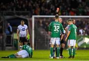 17 May 2019; John Mountney of Dundalk, hidden, being shown a red card by referee Robert Rogers during the SSE Airtricity League Premier Division match between Cork City and Dundalk at Turners Cross in Cork. Photo by Eóin Noonan/Sportsfile