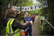 18 May 2019; Yvonne Peters Hill congratulates her son Alfie as he crosses the line during the Clonbur Woods parkrun in partnership with Vhi at Clonbur Woods, Clonbur, Co. Galway. Parkrun Ireland in partnership with Vhi, added a new parkrun at Clonbur Woods on Saturday, 18th May, with the introduction of the Clonbur Woods parkrun in Clonbur, Co. Galway. Parkruns take place over a 5km course weekly, are free to enter and are open to all ages and abilities, providing a fun and safe environment to enjoy exercise. To register for a parkrun near you visit www.parkrun.ie. Photo by Ray Ryan/Sportsfile