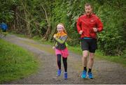 18 May 2019;  Brendan Costello with his daughter Caelin from Clonbur during the Clonbur Woods parkrun in partnership with Vhi at Clonbur Woods, Clonbur, Co. Galway. Parkrun Ireland in partnership with Vhi, added a new parkrun at Clonbur Woods on Saturday, 18th May, with the introduction of the Clonbur Woods parkrun in Clonbur, Co. Galway. Parkruns take place over a 5km course weekly, are free to enter and are open to all ages and abilities, providing a fun and safe environment to enjoy exercise. To register for a parkrun near you visit www.parkrun.ie. Photo by Ray Ryan/Sportsfile