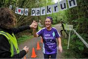 18 May 2019; Nuala Gilligan from Ballinrobe crosses the line during the Clonbur Woods parkrun in partnership with Vhi at Clonbur Woods, Clonbur, Co. Galway. Parkrun Ireland in partnership with Vhi, added a new parkrun at Clonbur Woods on Saturday, 18th May, with the introduction of the Clonbur Woods parkrun in Clonbur, Co. Galway. Parkruns take place over a 5km course weekly, are free to enter and are open to all ages and abilities, providing a fun and safe environment to enjoy exercise. To register for a parkrun near you visit www.parkrun.ie. Photo by Ray Ryan/Sportsfile