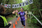 18 May 2019; Nuala Gilligan from Ballinrobe crosses the line during the Clonbur Woods parkrun in partnership with Vhi at Clonbur Woods, Clonbur, Co. Galway. Parkrun Ireland in partnership with Vhi, added a new parkrun at Clonbur Woods on Saturday, 18th May, with the introduction of the Clonbur Woods parkrun in Clonbur, Co. Galway. Parkruns take place over a 5km course weekly, are free to enter and are open to all ages and abilities, providing a fun and safe environment to enjoy exercise. To register for a parkrun near you visit www.parkrun.ie. Photo by Ray Ryan/Sportsfile