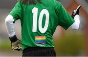 18 May 2019; A general view of an LGBT message on the jersey of a Baker McKenzie player during the LGFA Interfirms Blitz 2019 at Naomh Mearnóg GAA Club, Portmarnock, Dublin. This year 12 teams competed for the top prize, while 11 teams signed up to take part in a recreational blitz. Photo by Piaras Ó Mídheach/Sportsfile