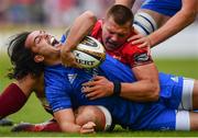 18 May 2019; James Lowe of Leinster is tackled by CJ Stander of Munster during the Guinness PRO14 semi-final match between Leinster and Munster at the RDS Arena in Dublin. Photo by Ramsey Cardy/Sportsfile