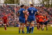 18 May 2019; James Lowe of Leinster, left, is shown a yellow card by referee Mike Adamson during the Guinness PRO14 semi-final match between Leinster and Munster at the RDS Arena in Dublin. Photo by Diarmuid Greene/Sportsfile