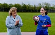 18 May 2019; University Hospital Waterford captain Philomena Fogarty makes a speech alongside Marie Hickey, President, LGFA, after beating Glanbia in the Shield final at the LGFA Interfirms Blitz 2019 at Naomh Mearnóg GAA Club, Portmarnock, Dublin. This year 12 teams competed for the top prize, while 11 teams signed up to take part in a recreational blitz. Photo by Piaras Ó Mídheach/Sportsfile