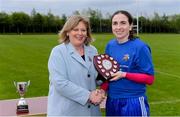 18 May 2019; University Hospital Waterford captain Philomena Fogarty is presented with the shield by Marie Hickey, President, LGFA, after beating Glanbia in the Shield final at the LGFA Interfirms Blitz 2019 at Naomh Mearnóg GAA Club, Portmarnock, Dublin. This year 12 teams competed for the top prize, while 11 teams signed up to take part in a recreational blitz. Photo by Piaras Ó Mídheach/Sportsfile