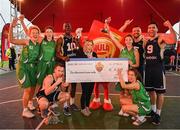 18 May 2019; Karen Hurley, Senior Brand Manager, Hula Hoops, makes a presentation to the winning Templeogue Basketball Club and the Ulster University Elks Basketball Club after they had won the women's and the men's finals at the second annual Hula Hoops 3x3 Basketball Championships at Bray Seafront in Co. Wicklow. Photo by Ray McManus/Sportsfile