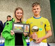 18 may 2019;  Tom Hanrahan of Clare receives the Man of the match award from Kirby Axon, Subway Marketing executive after the U16 SFAI Subway Plate Final match between Clare and Cavan/Monaghan in Gainstown, Mullingar, Co. Westmeath. Photo by Oliver McVeigh/Sportsfile