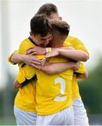 18 May 2019; Tom Hanrahan, Fionn McInerney and Robbie Gormley of Clare celebrate after the U16 SFAI Subway Plate Final match between Clare and Cavan/Monaghan in Gainstown, Mullingar, Co. Westmeath. Photo by Oliver McVeigh/Sportsfile