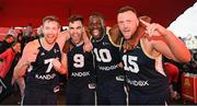 18 May 2019; Ulster University Elks Basketball players, from left, Shane O’Connor, Conall Mullan, Daniel Stewart and Tomas Banys, celebrate after they won the Mens Final at the second annual Hula Hoops 3x3 Basketball Championships at Bray Seafront in Co. Wicklow. Photo by Ray McManus/Sportsfile