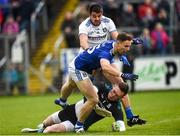 18 May 2019; Conor Madden of Cavan involved in an incident with Rory Beggan of Monaghan which resulted in a first half penalty as Drew Wylie of Monaghan closes in during the Ulster GAA Football Senior Championship quarter-final match between Cavan and Monaghan at Kingspan Breffni in Cavan. Photo by Oliver McVeigh/Sportsfile