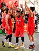 18 May 2019; Puff Summers of Templeogue Basketball Club celebrats with team mates Stephen James, left, and Neil Randolph during the second annual Hula Hoops 3x3 Basketball Championships at Bray Seafront in Co.Wicklow. Photo by Ray McManus/Sportsfile