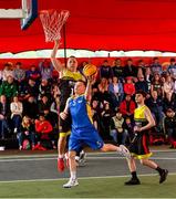 18 May 2019; Shane Davidson of DCU Saints in action against Roland Vailuls of IT Carlow Basketball and Calum Sourke, right, during the second annual Hula Hoops 3x3 Basketball Championships at Bray Seafront in Co.Wicklow. Photo by Ray McManus/Sportsfile